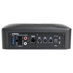 Slim underseat subwoofer rear panel with inputs and control switches