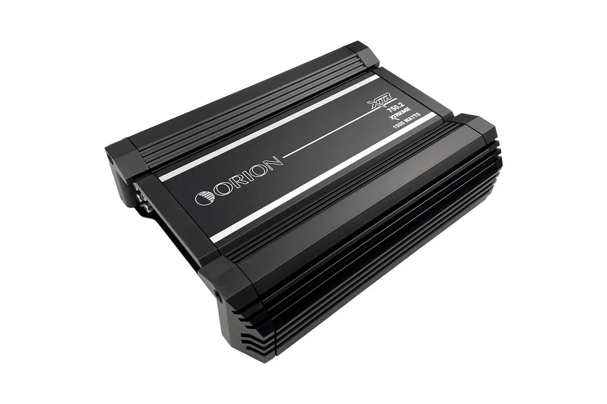 Orion XTR750.2 two-channel amplifier, angled view of black metal heat sink body