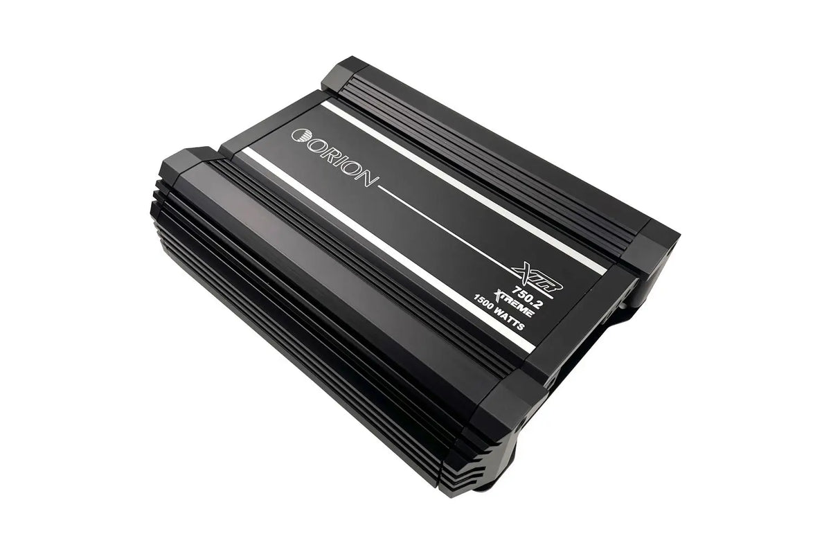 Orion XTR750.2 amplifier side view, black finned housing with label strip