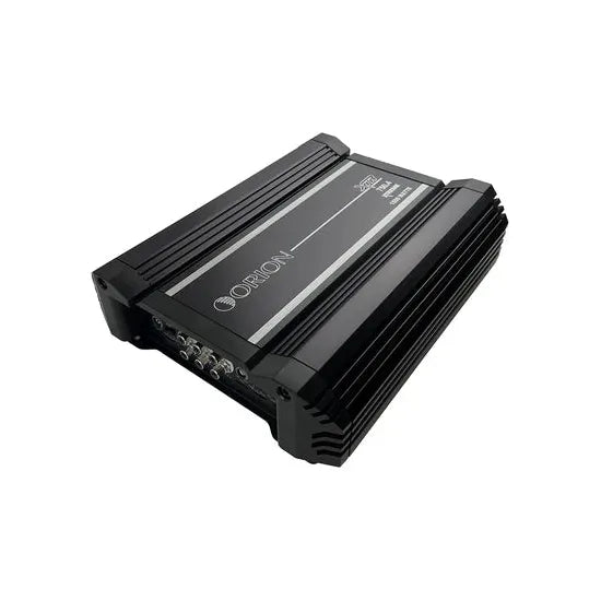 Orion XTR 4-channel car amplifier angled view, black casing with front print