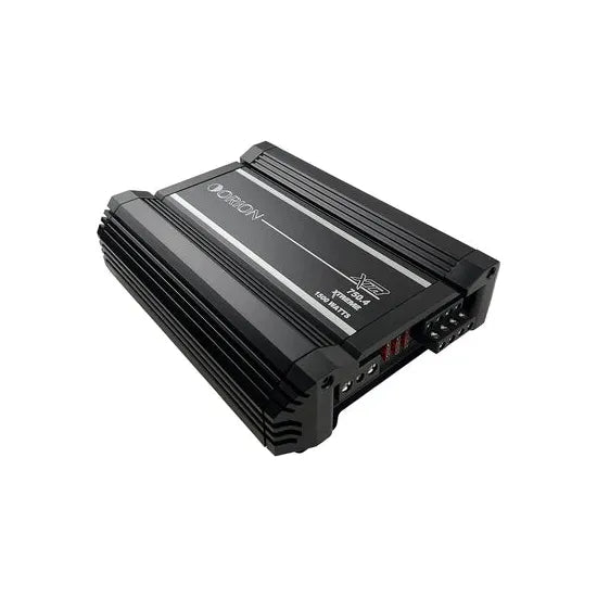 Orion XTR 4-channel car amplifier top view angle, black heatsink fins