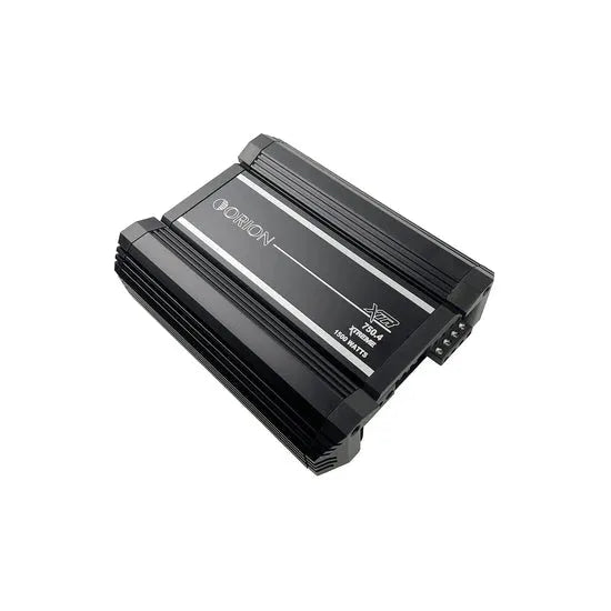 Orion XTR 4-channel car amplifier angled view, printed power rating label