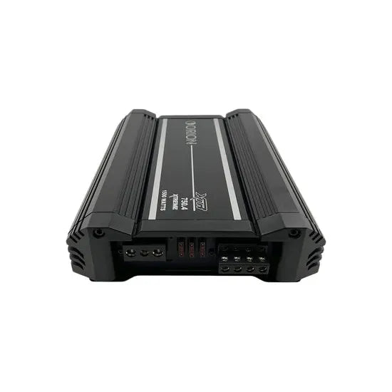 Orion XTR 4-channel car amplifier rear ports side view, black housing