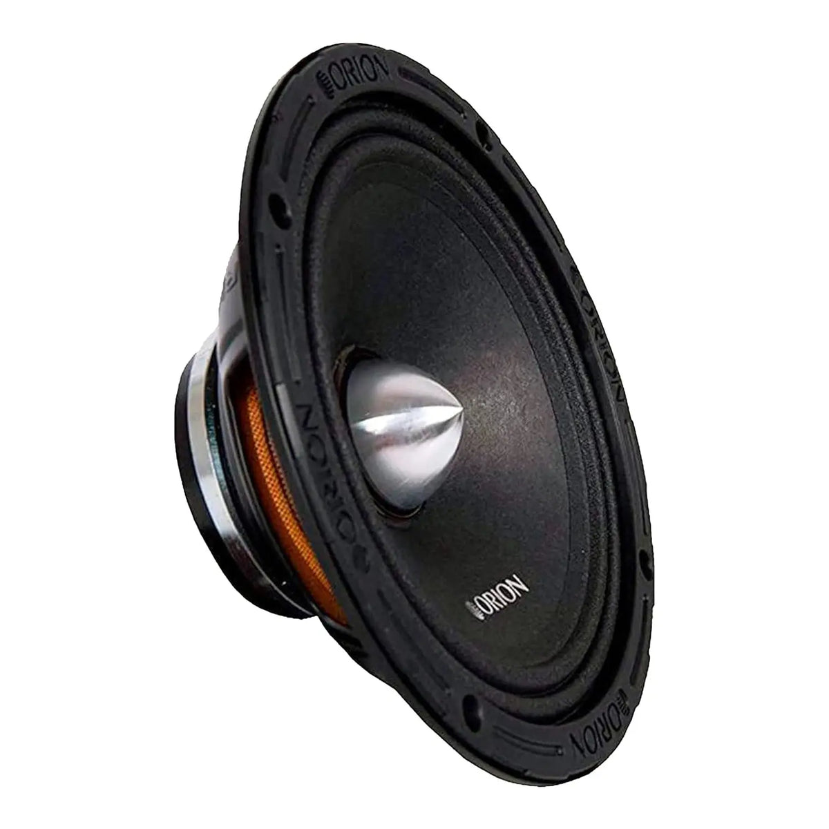 8-inch neodymium midrange speakers, black, angled side view (pair)