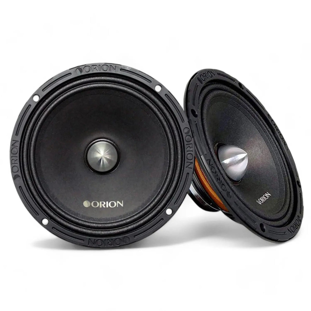 8-inch neodymium midrange speakers, black, front view (pair)