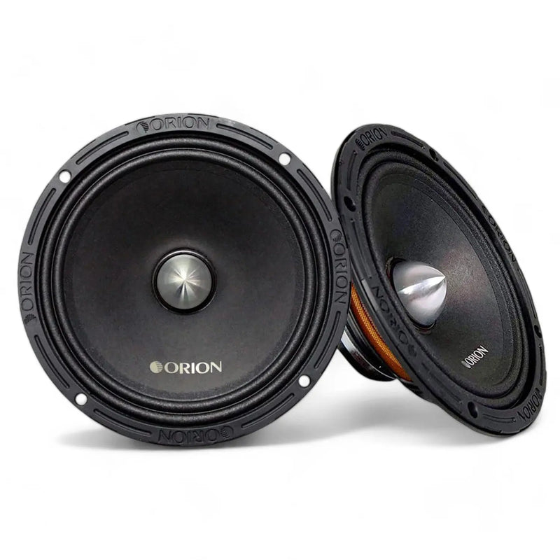 8-inch neodymium midrange speakers, black, front view (pair)