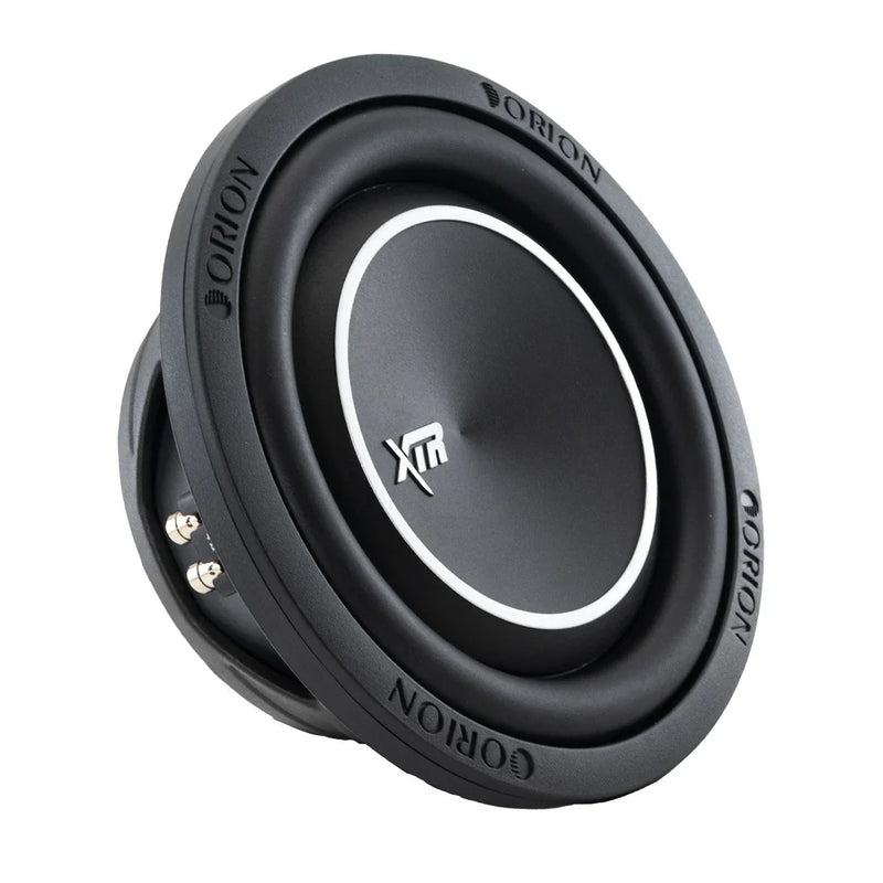 Black 8-inch shallow car subwoofer with Orion logo and white surround ring