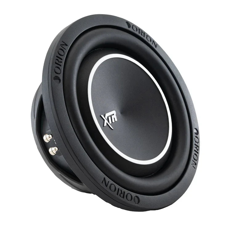 Side view of black 8-inch shallow subwoofer with XTR badge and speaker terminals