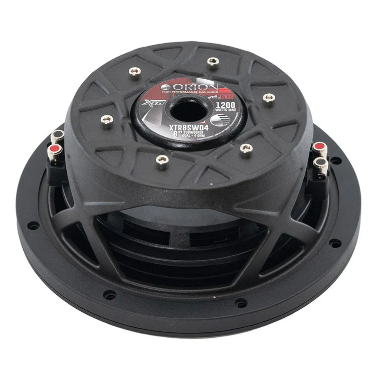 Black 8-inch shallow subwoofer with Orion label on the rear plate