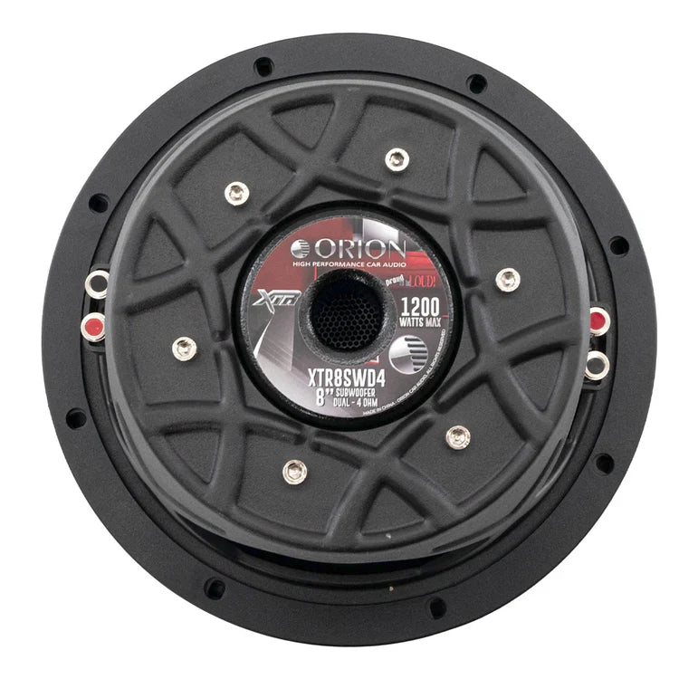 Rear view of black 8-inch shallow subwoofer with Orion XTR badge and outputs