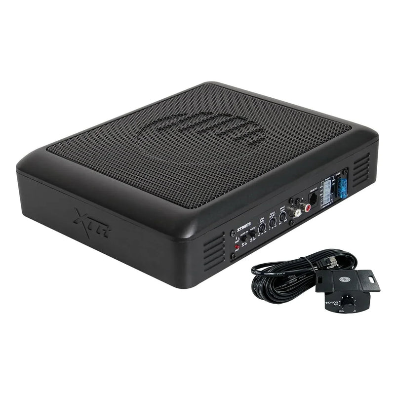 Slim black underseat subwoofer with front grille, side controls, and included wiring harness.