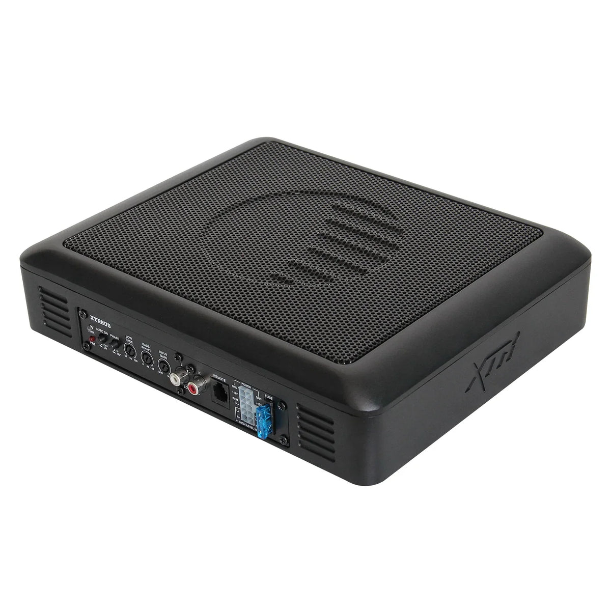 Black slim underseat subwoofer angled view with front grille and side connector panel.