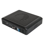 Black slim underseat subwoofer angled view with front grille and side connector panel.