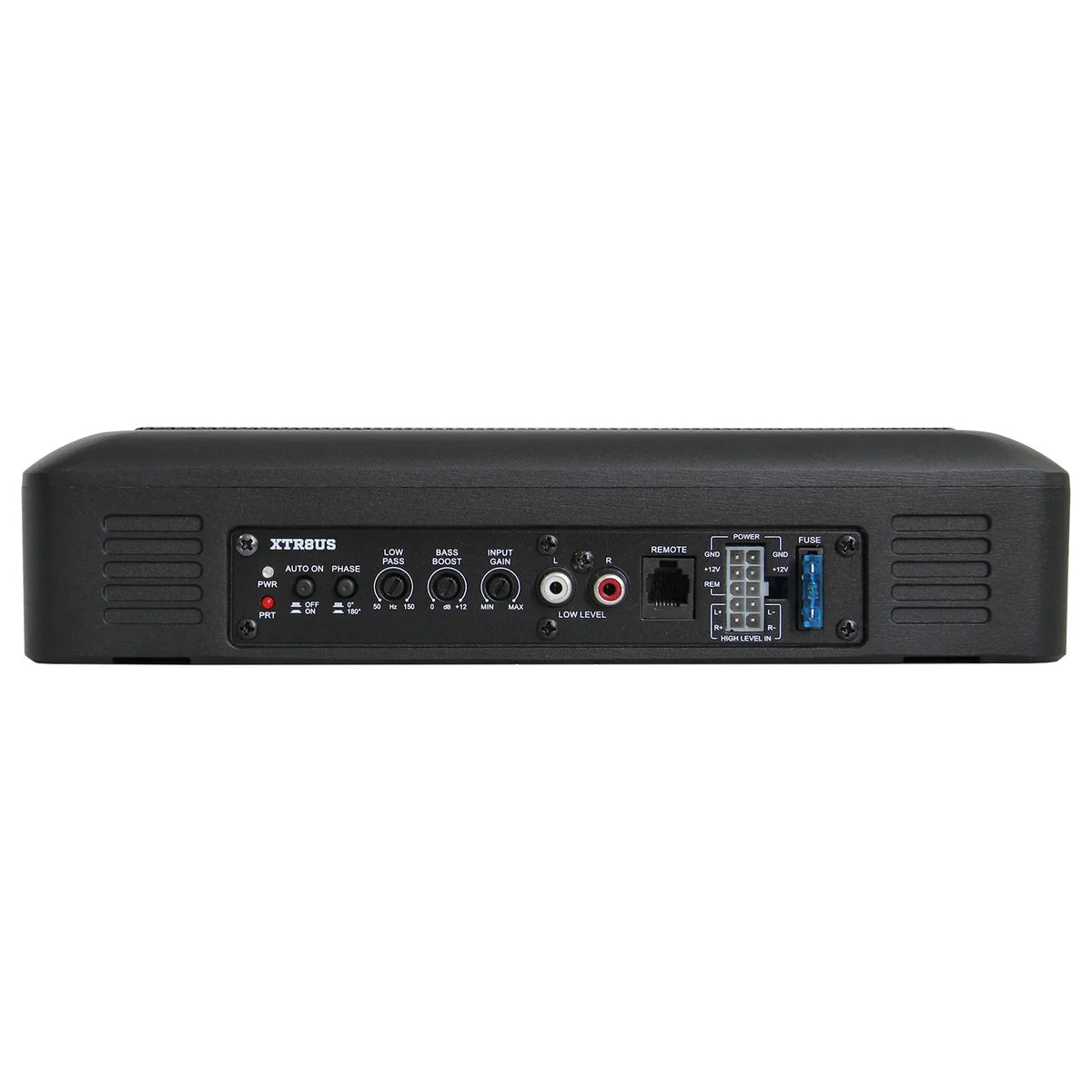 Black underseat subwoofer rear control panel with ports and power/ground connections.