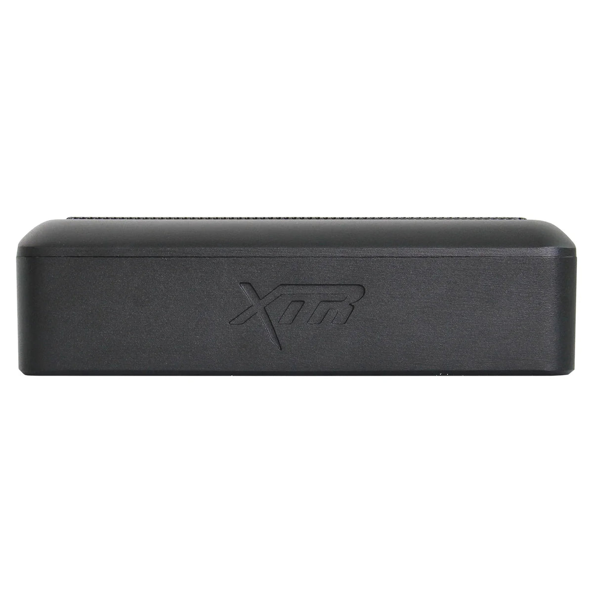 Black underseat subwoofer end with XTR mark embossed on the housing.