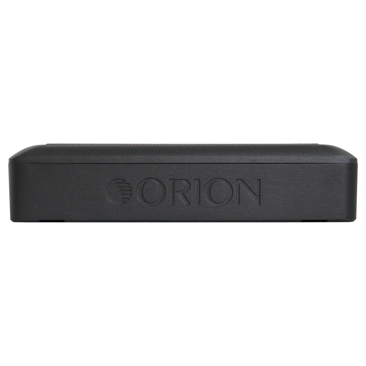Black underseat subwoofer end panel with ORION logo embossing.