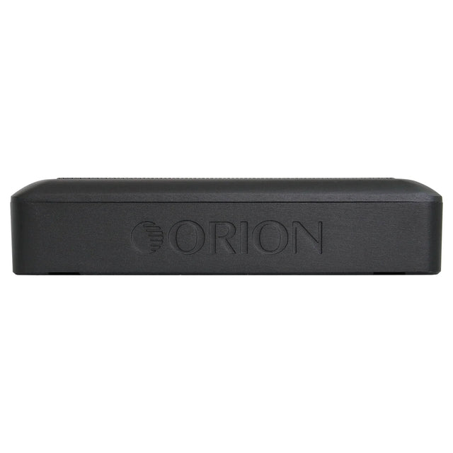 Black underseat subwoofer end panel with ORION logo embossing.