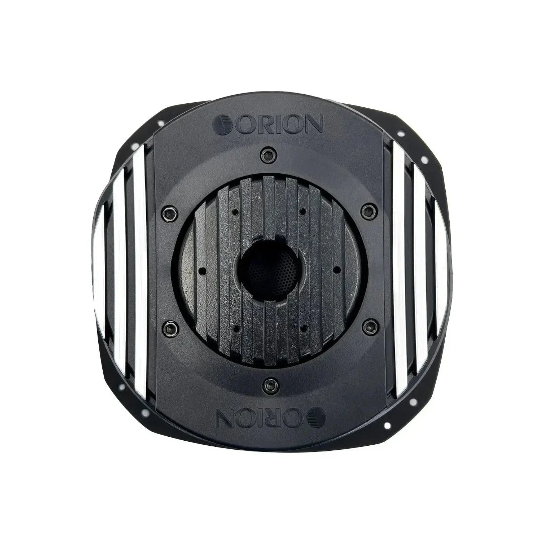Black 8 in subwoofer front grille with Orion label and vented side fins