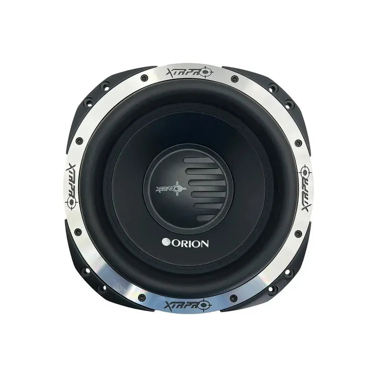 Orion XTRPRO 10-inch DVC subwoofer driver with black cone and silver mounting ring