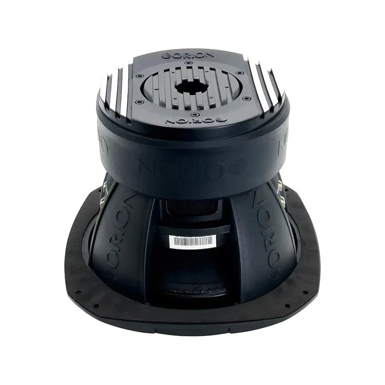 Orion XTRPRO 10-inch DVC subwoofer top view with metal grille plate and label