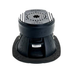 10-inch subwoofer underside view with black basket and barcode label