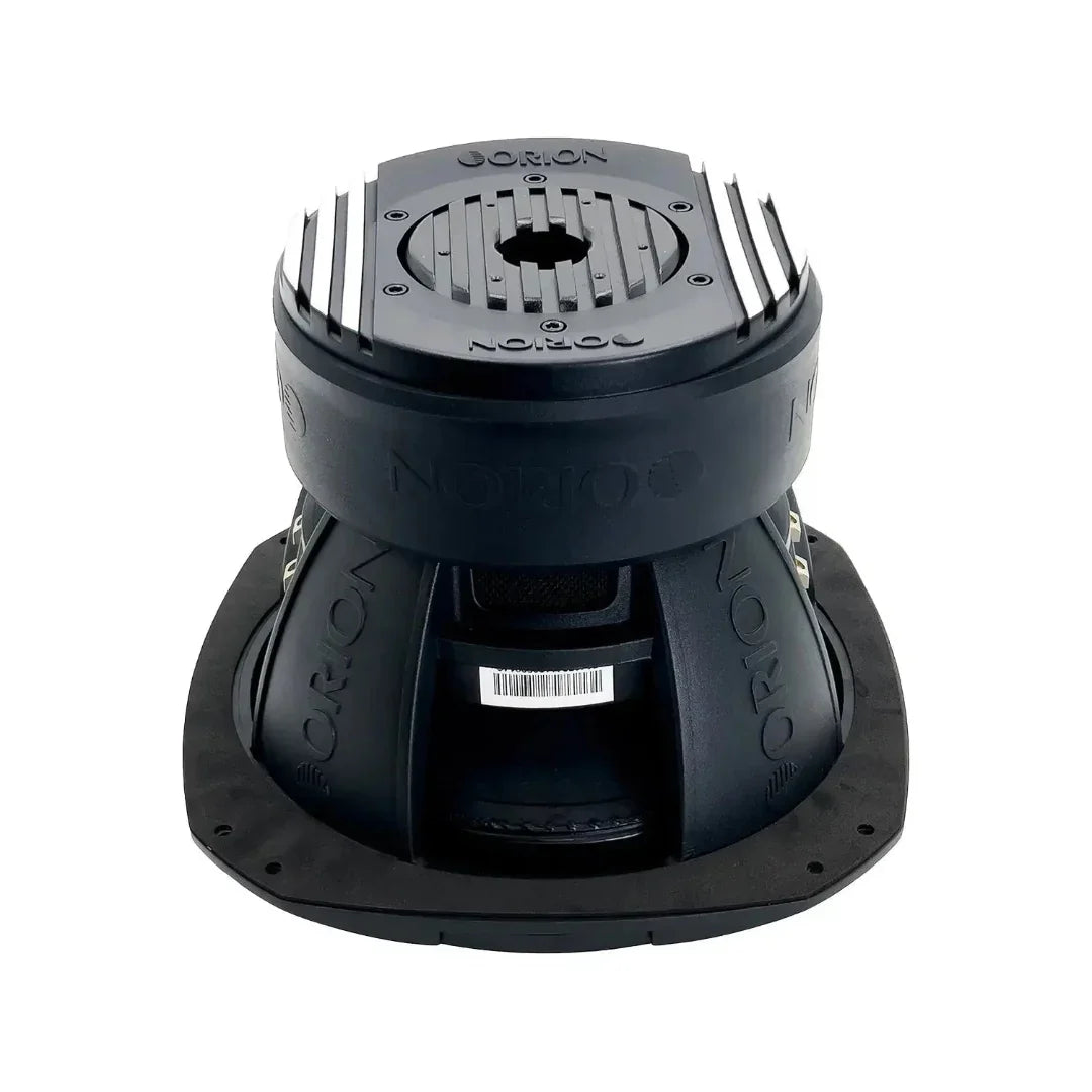 8-inch subwoofer back view with vented top plate and black mounting base