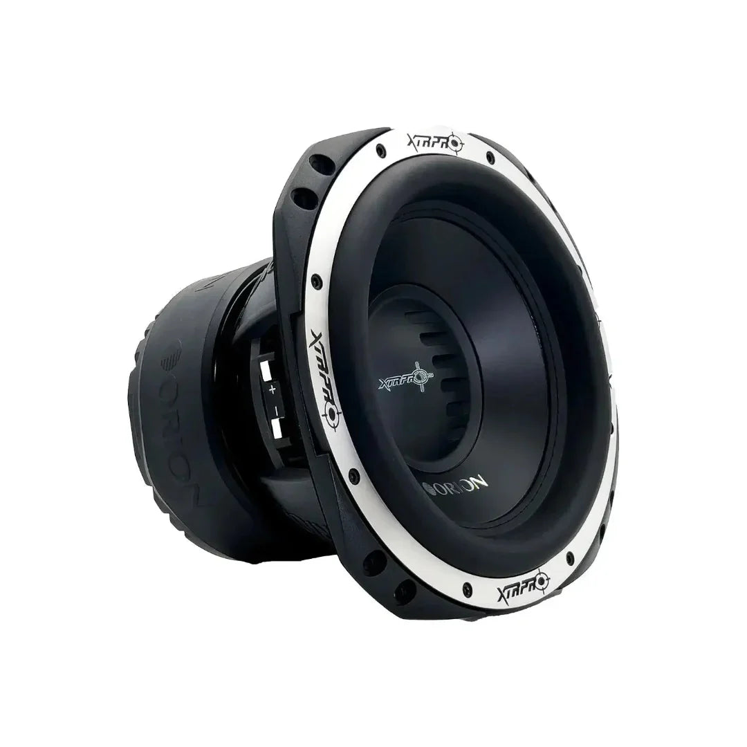 8-inch car subwoofer with black cone, side housing, and silver trim ring