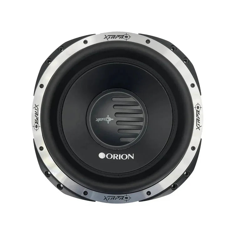 12-inch car subwoofer speaker with black cone and silver trim, Orion logo