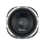 12-inch car subwoofer speaker with black cone and silver trim, Orion logo