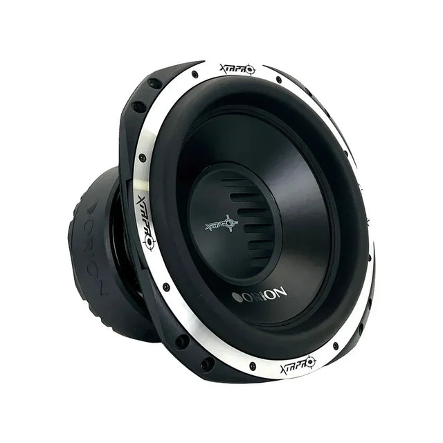 12-inch subwoofer driver with black basket and angled mounting ring, Orion logo