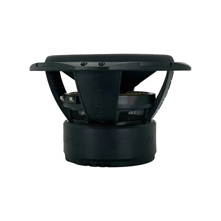 12-inch subwoofer underside showing black mounting hardware and magnet housing