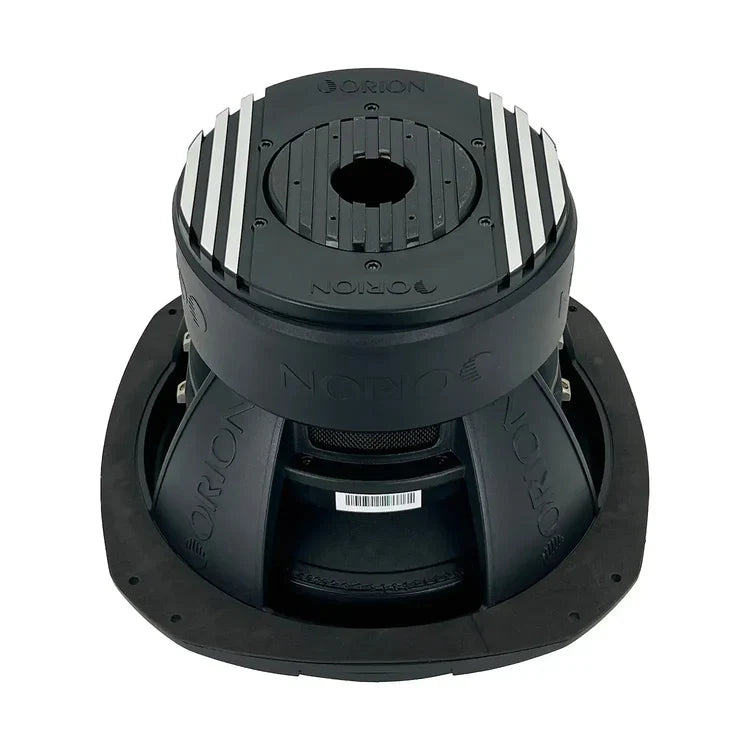 12-inch subwoofer back view with vented pole structure and Orion branding