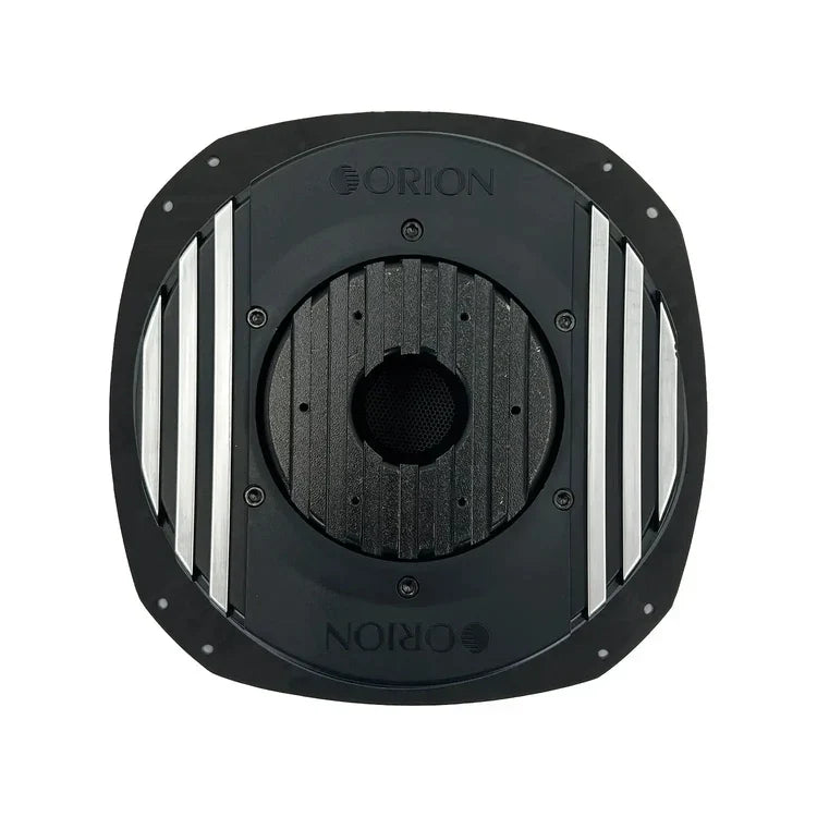 12-inch subwoofer back with textured center cap and silver accent struts