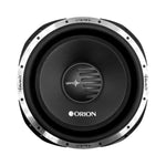 Orion 15-inch subwoofer speaker with black cone and silver trim, front view
