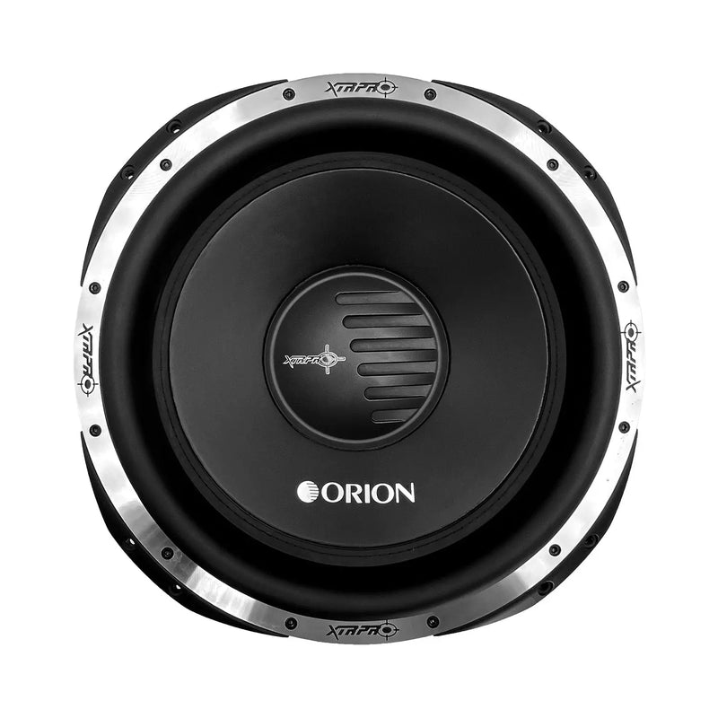 Orion 15-inch subwoofer speaker with black cone and silver trim, front view