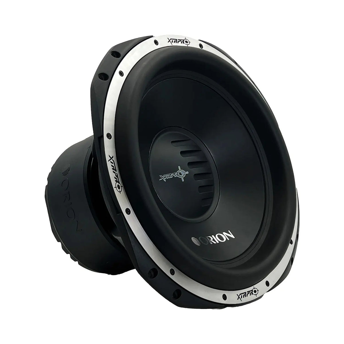 Orion 15-inch subwoofer speaker angled side view, black cone with silver ring