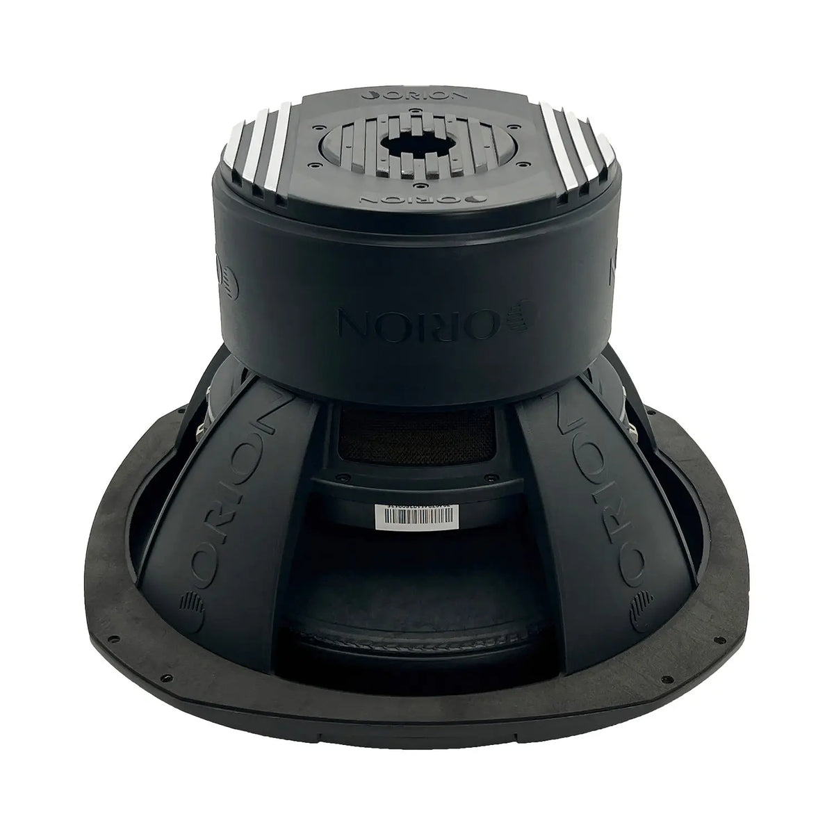 Orion subwoofer rear view with mounting rim and terminal area