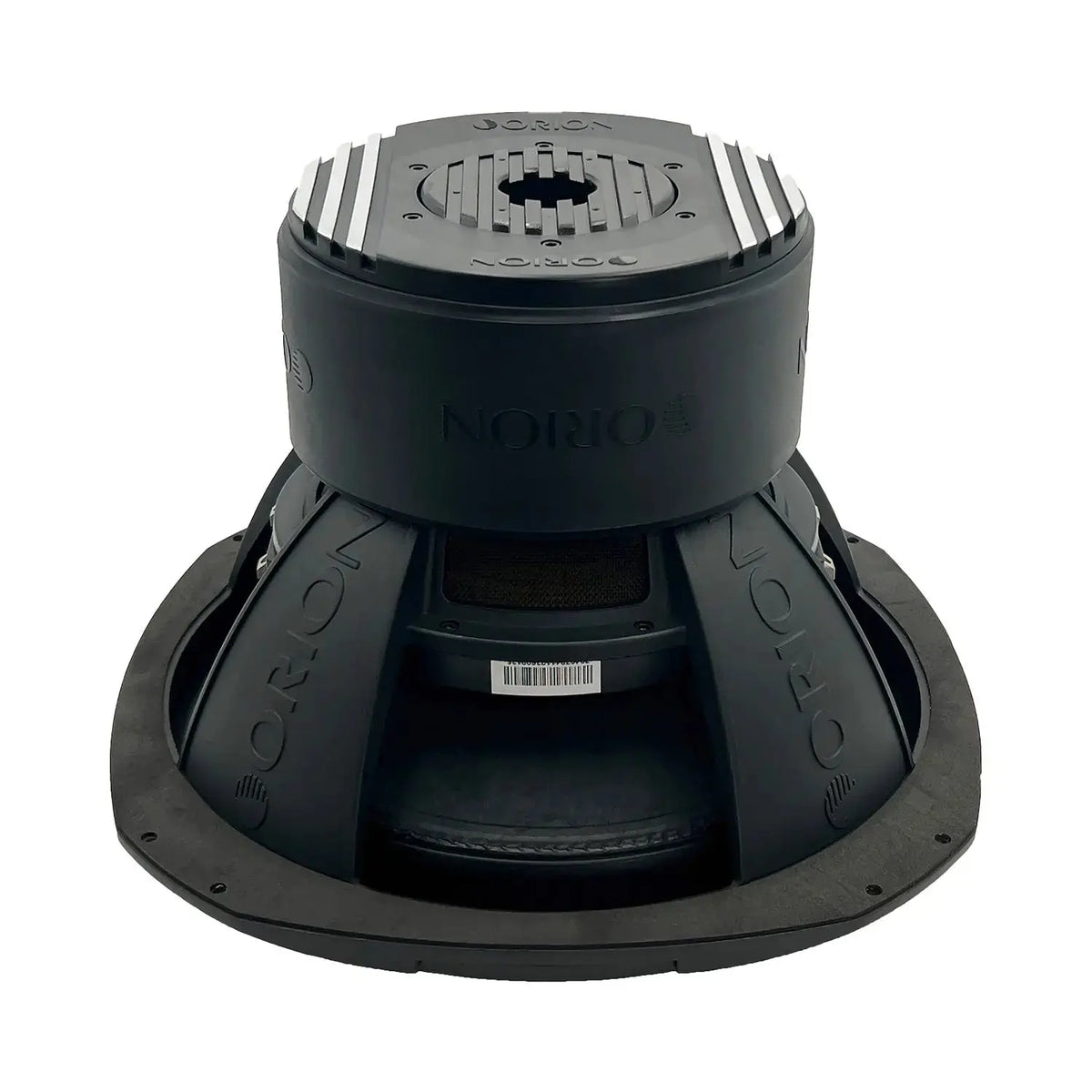 Bottom view of 15-inch subwoofer with black mounting flange and magnet top