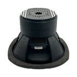 Bottom view of 15-inch subwoofer with black mounting flange and magnet top