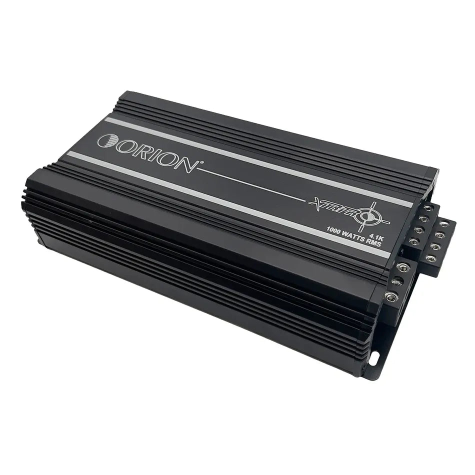 Orion XTRPRO4.1K amplifier angled view, black heatsink fins and rear mounting screws
