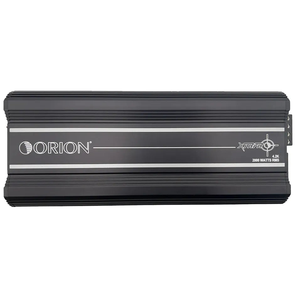 Orion XTRPRO 4-channel car amplifier, black finned housing front view