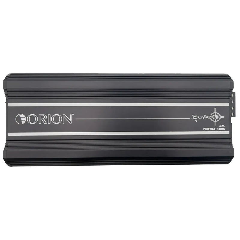 Orion XTRPRO 4-channel car amplifier, black finned housing front view
