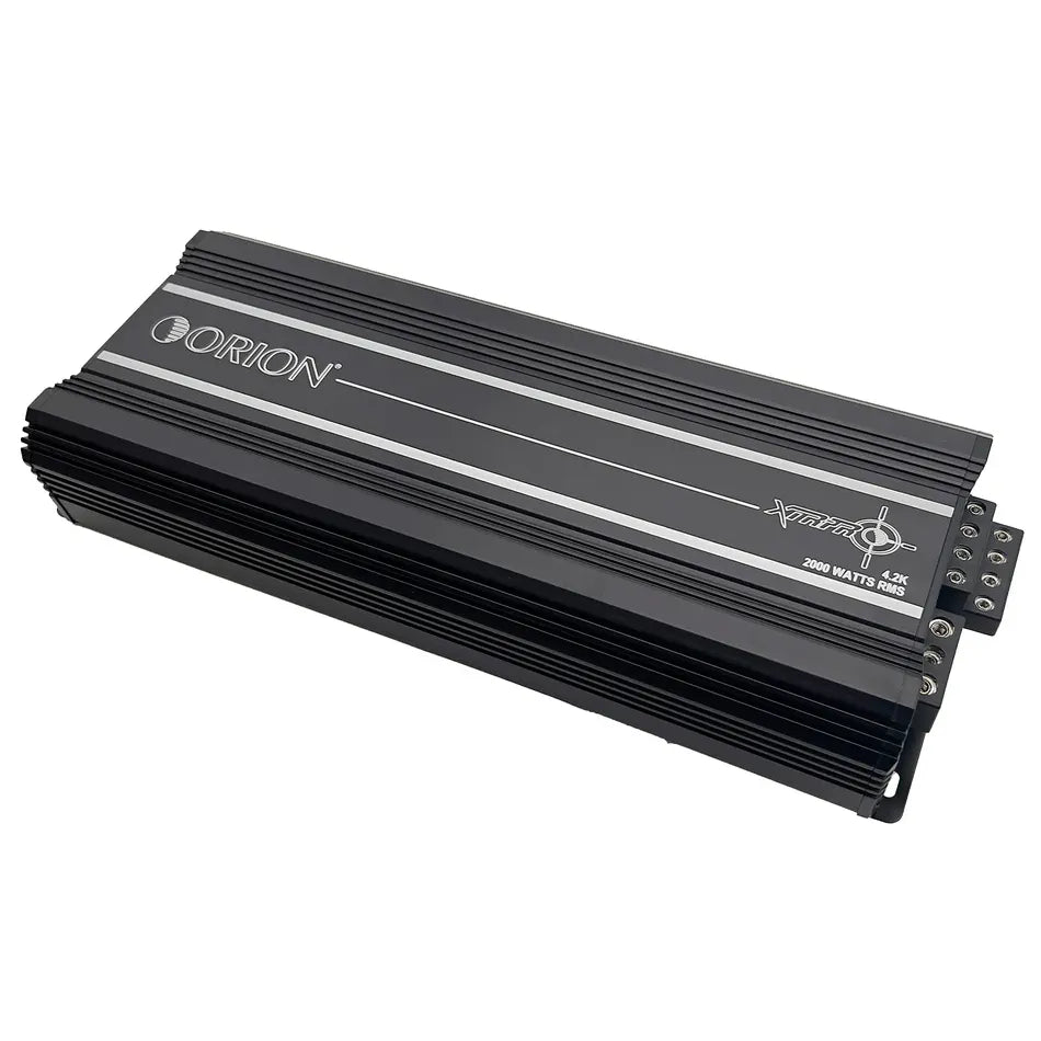 Orion XTRPRO 4-channel car amplifier, black finned housing angled view