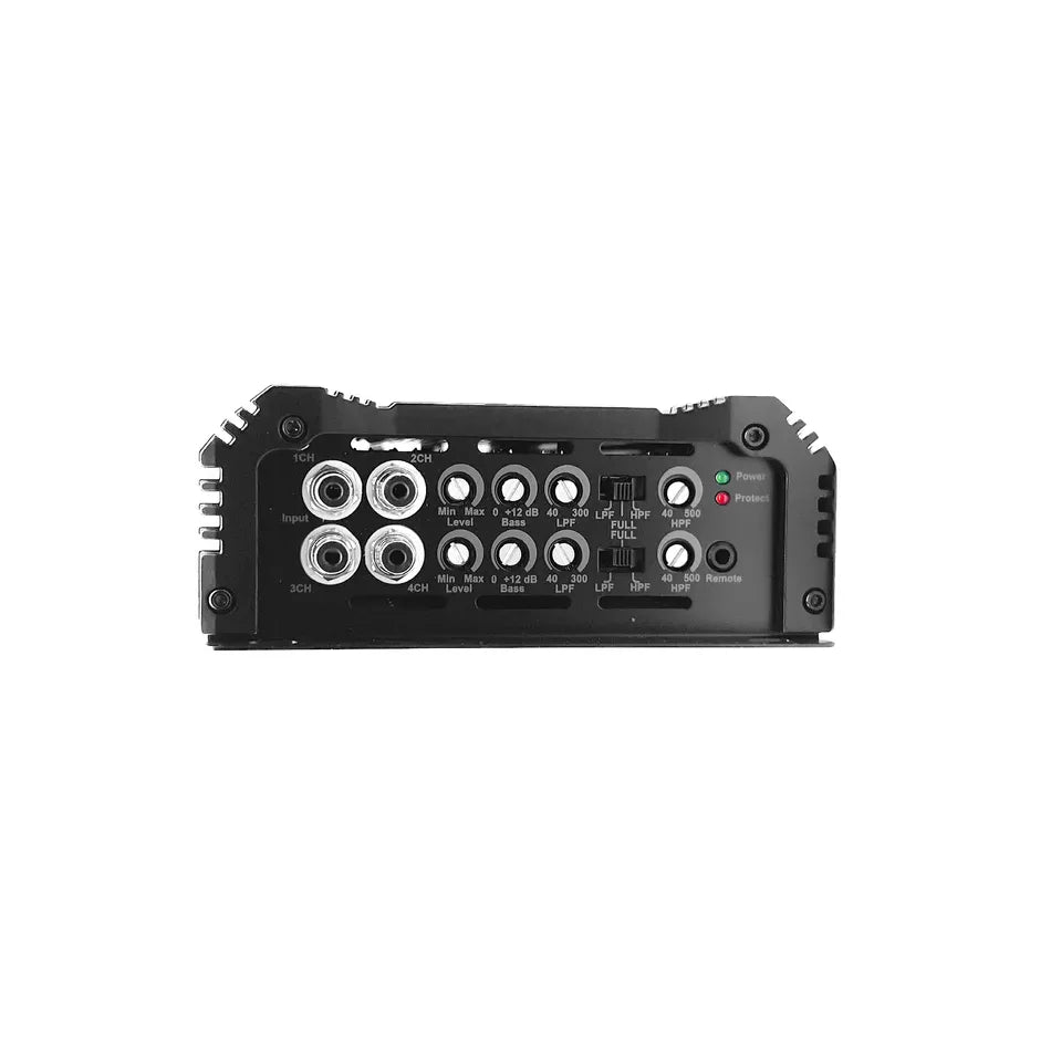 Car amplifier rear panel with RCA inputs and switches, Orion XTRPRO