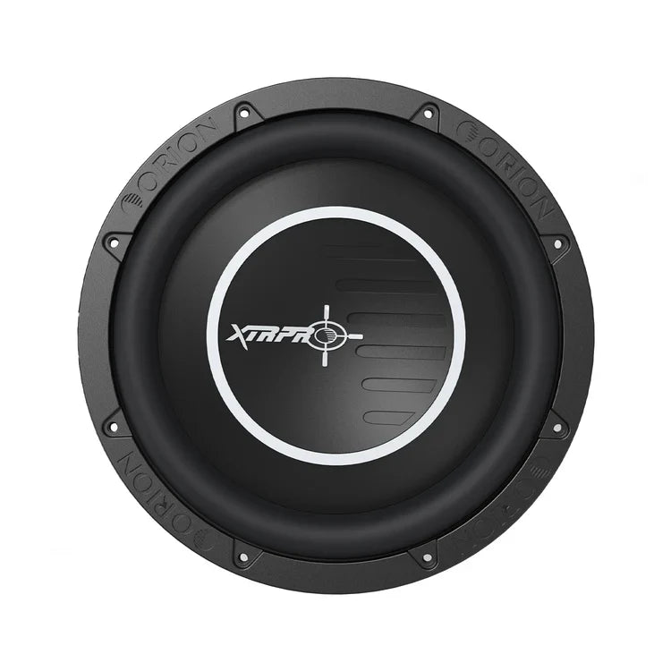 10-inch dual-voice-coil subwoofer driver with black cone and circular logo