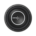 10-inch dual-voice-coil subwoofer driver with black cone and circular logo