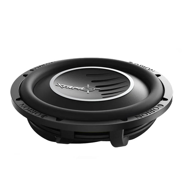 12-inch black subwoofer top view with centered speaker grille and logo