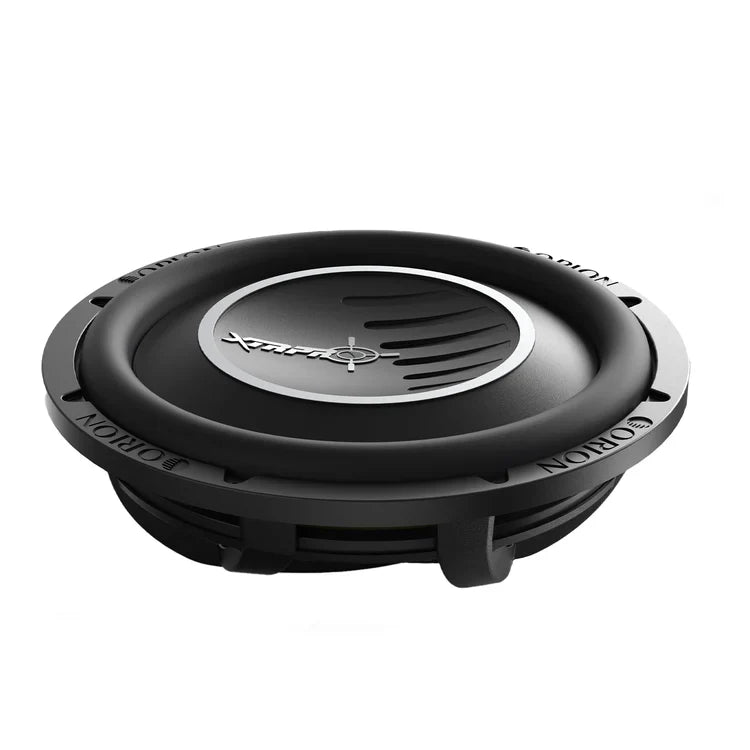 Black 12-inch subwoofer with top cap and XTRPRO logo, side mounting tabs