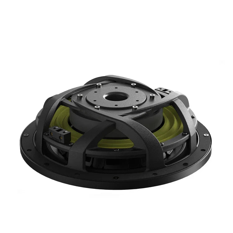 12-inch subwoofer showing internal motor with green surround and wiring terminals