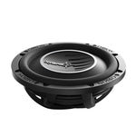 10-inch DVC subwoofer driver top view, black basket and silver center label